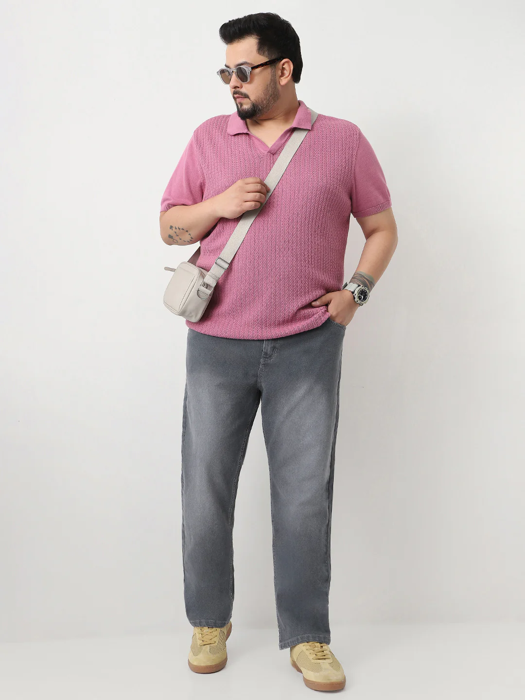 Plus Men's Grey Straight Fit Washed Jeans Stretchable - Image 4
