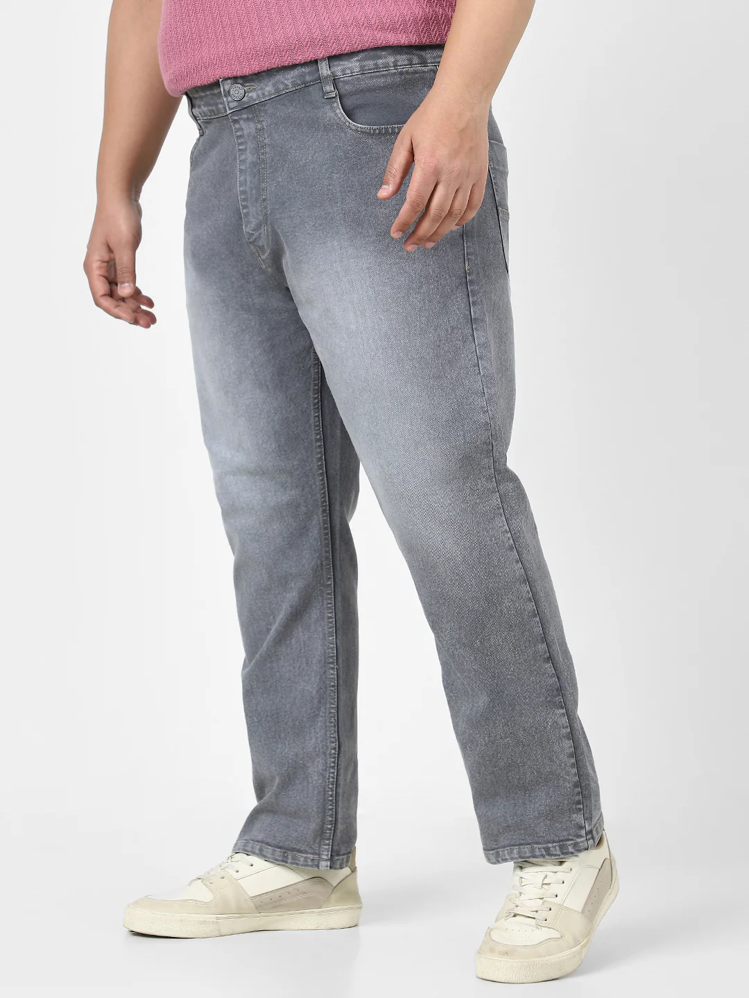 Plus Men's Grey Straight Fit Washed Jeans Stretchable - Image 2