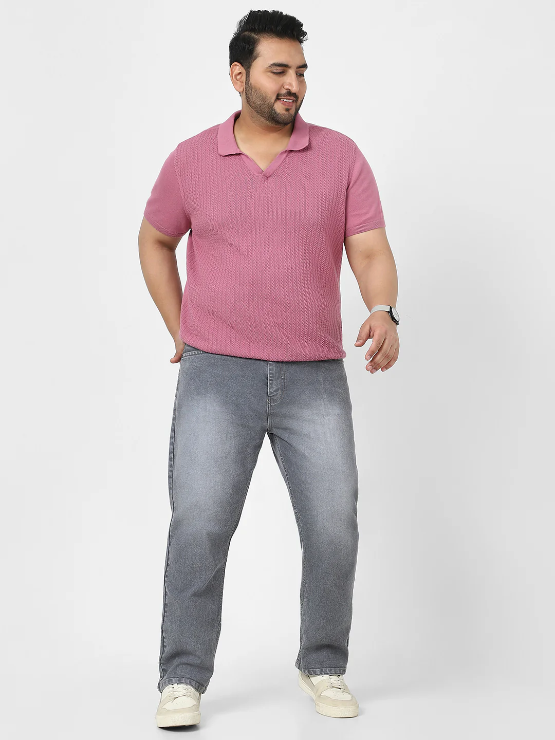 Plus Men's Grey Straight Fit Washed Jeans Stretchable - Image 4