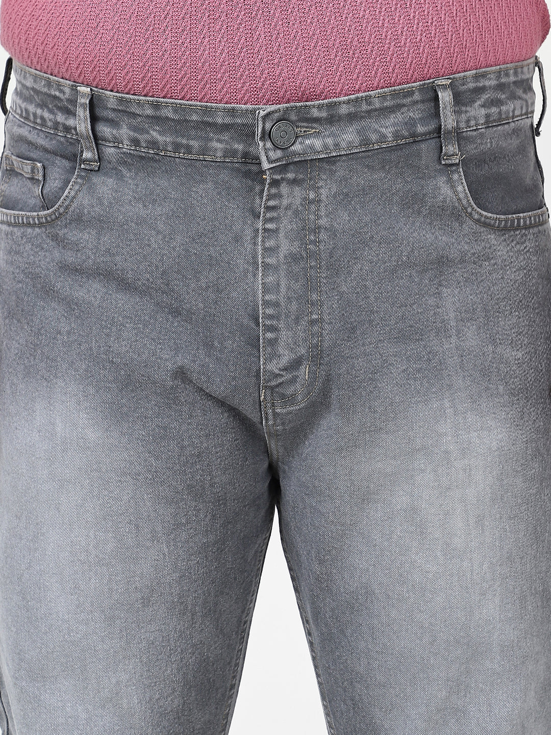 Plus Men's Grey Straight Fit Washed Jeans Stretchable - Image 5