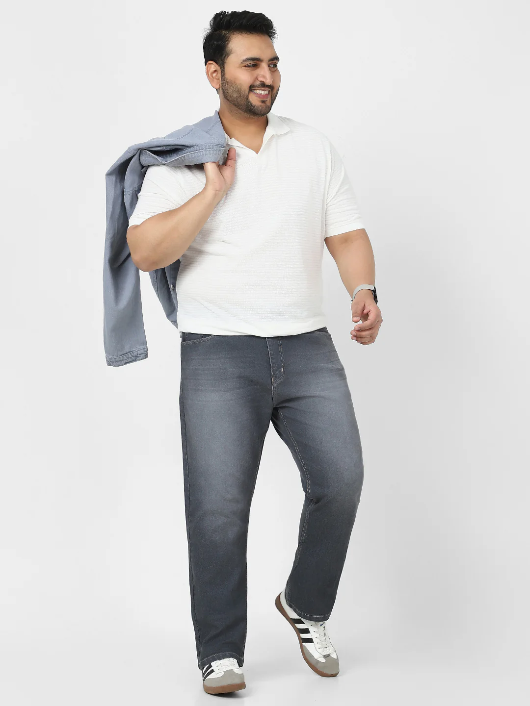 Plus Men's Grey Straight Fit Washed Jeans Stretchable - Image 4