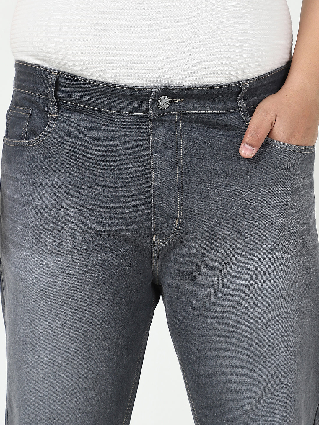 Plus Men's Grey Straight Fit Washed Jeans Stretchable - Image 5