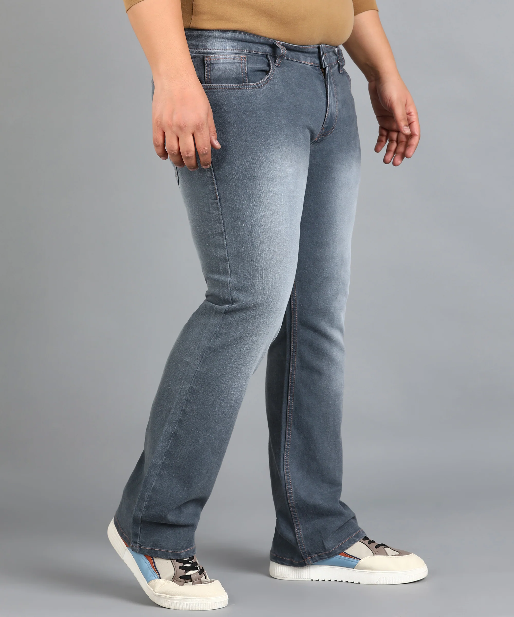 Plus Men's Grey Washed Bootcut Jeans Stretchable - Image 3