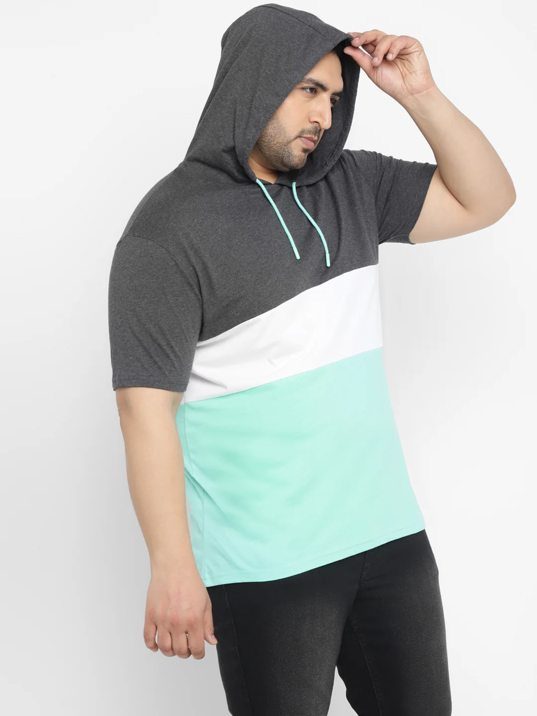 Plus Men's Grey, White, Green Color-Block Hooded Neck Regular Fit Half Sleeve Cotton T-Shirt - Image 2
