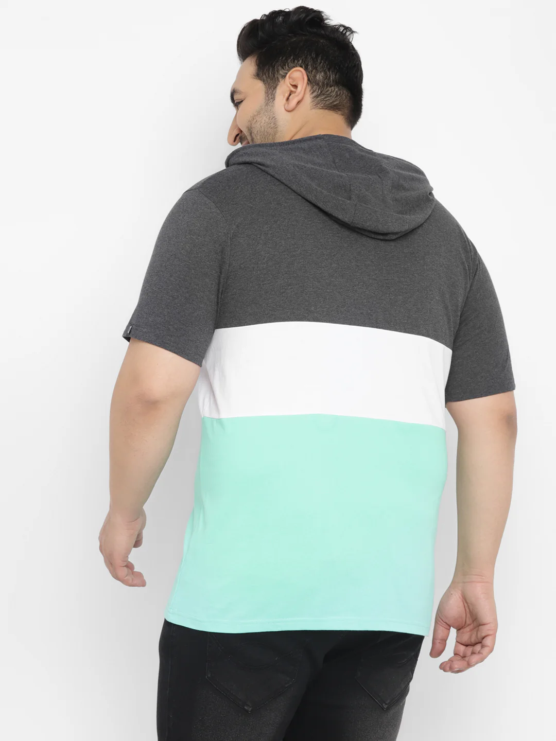 Plus Men's Grey, White, Green Color-Block Hooded Neck Regular Fit Half Sleeve Cotton T-Shirt - Image 3