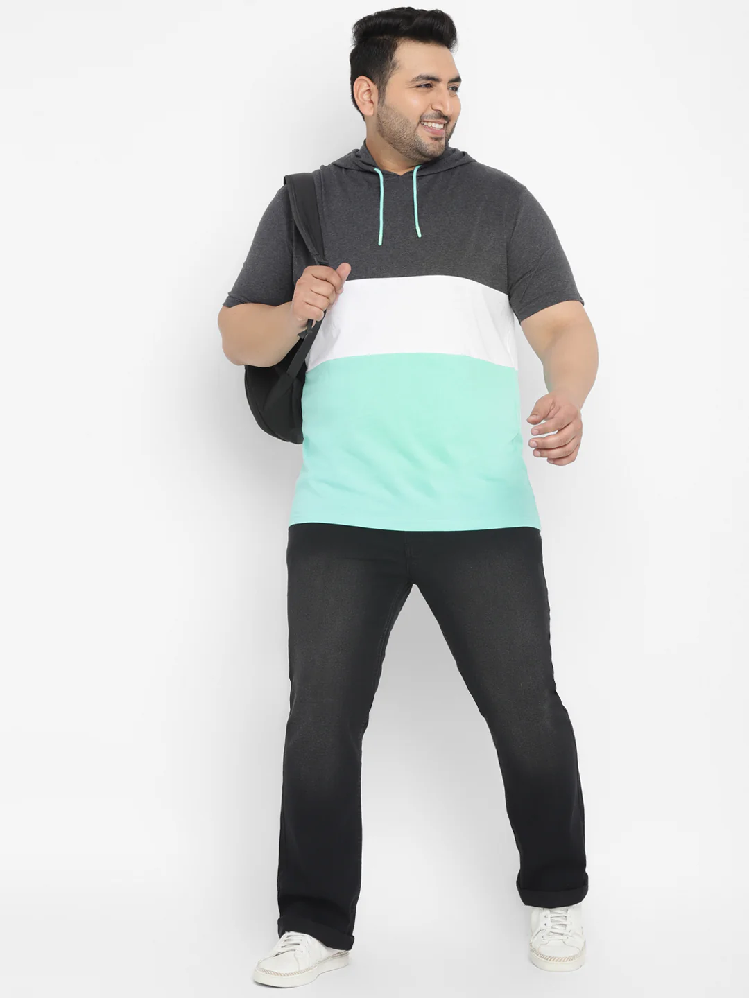Plus Men's Grey, White, Green Color-Block Hooded Neck Regular Fit Half Sleeve Cotton T-Shirt - Image 4