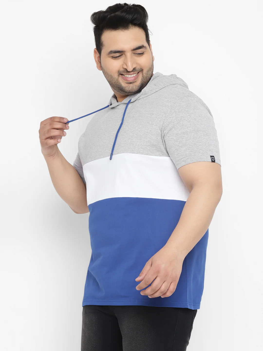 Plus Men's Grey, White, Royal Blue Color-Block Hooded Neck Regular Fit Half Sleeve Cotton T-Shirt - Image 2