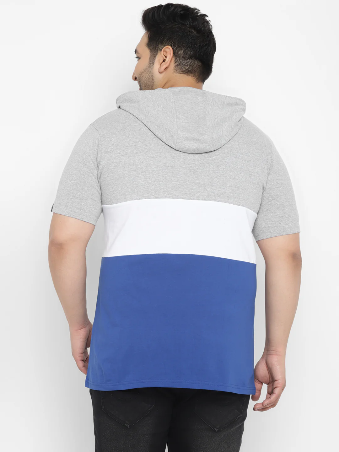 Plus Men's Grey, White, Royal Blue Color-Block Hooded Neck Regular Fit Half Sleeve Cotton T-Shirt - Image 3