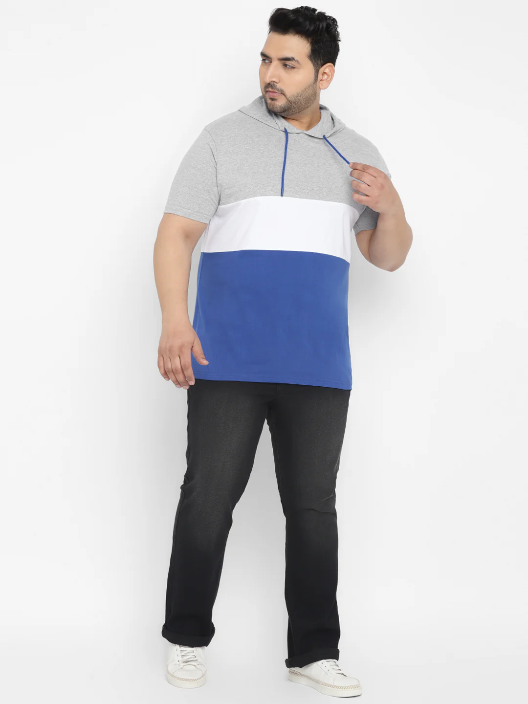Plus Men's Grey, White, Royal Blue Color-Block Hooded Neck Regular Fit Half Sleeve Cotton T-Shirt - Image 4