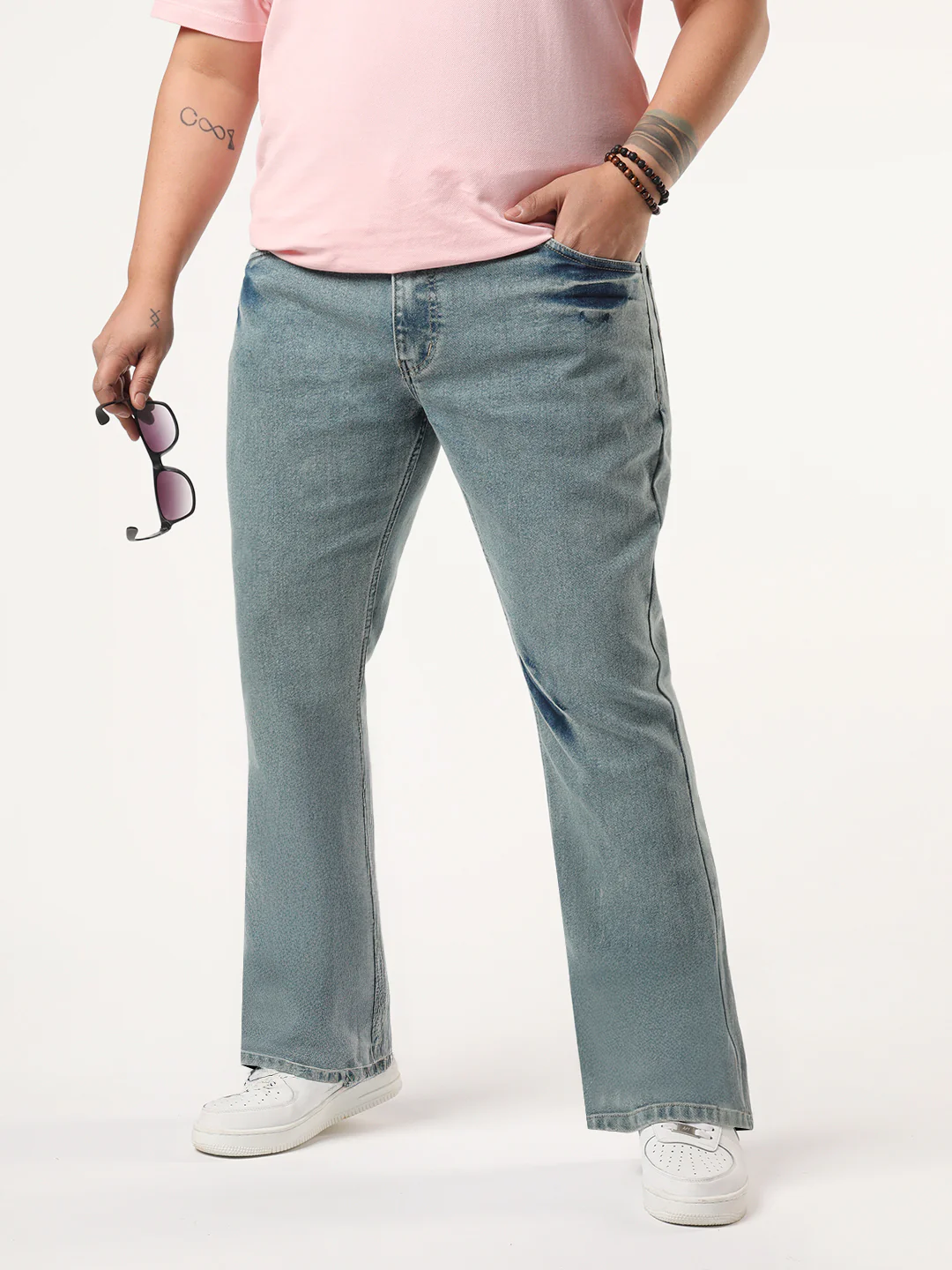 Plus Men's Ice Blue Bootcut Fit Mid Rise Acid Wash Jeans Stretchable