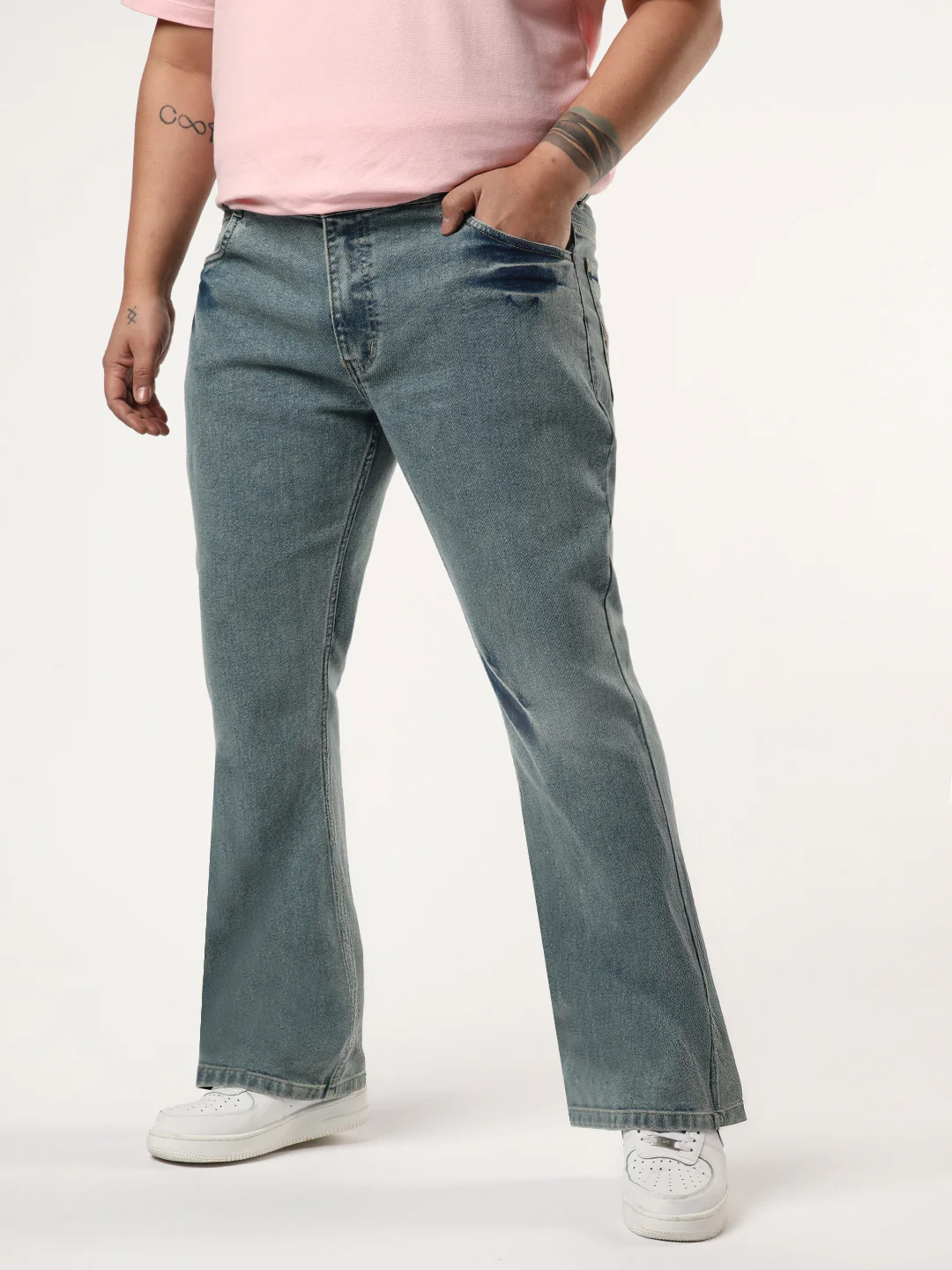 Plus Men's Ice Blue Bootcut Fit Mid Rise Acid Wash Jeans Stretchable - Image 2