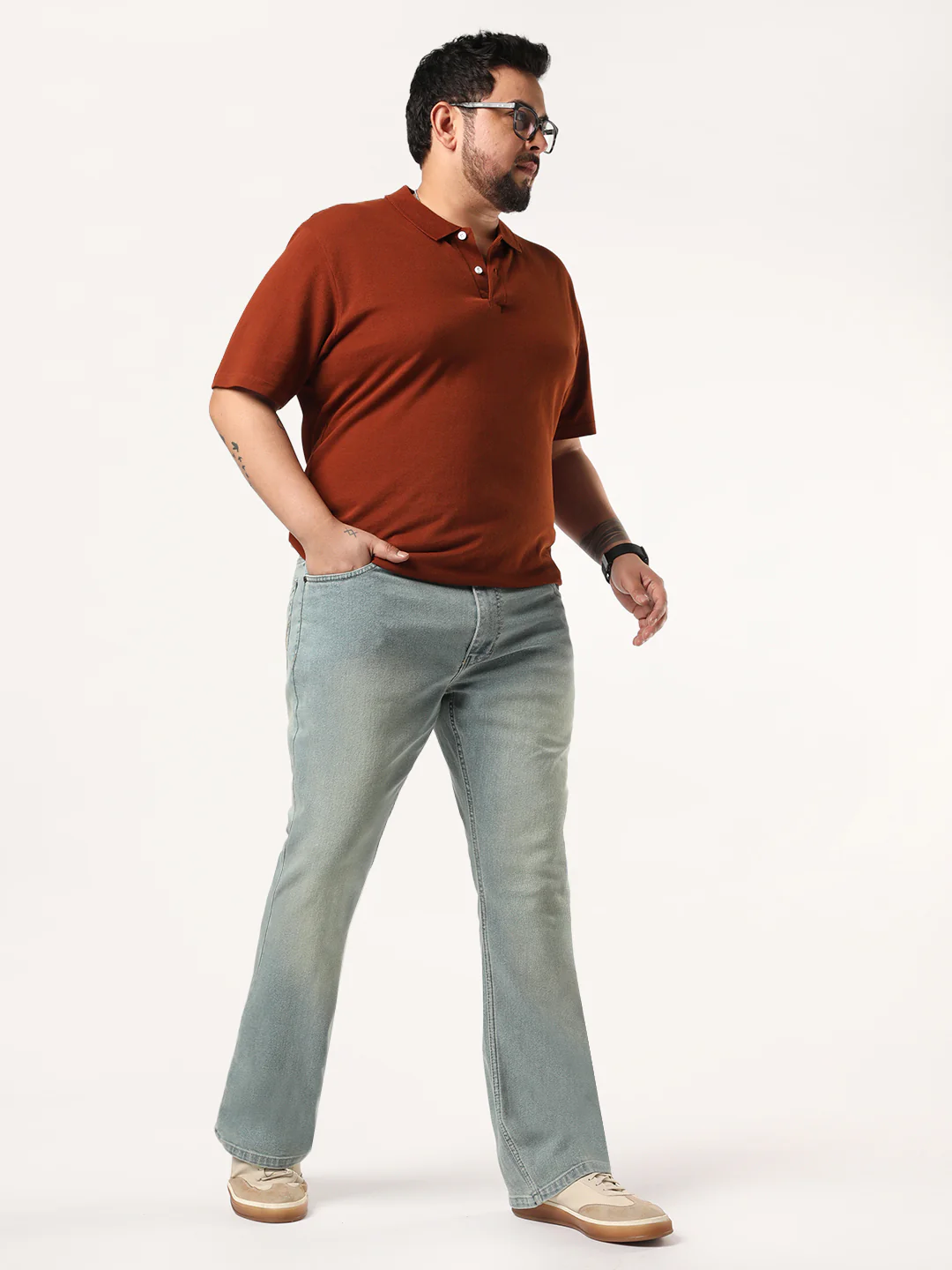 Plus Men's Ice Blue Bootcut Fit Mid Rise Tinted Heavy Washed Jeans Stretchable - Image 4