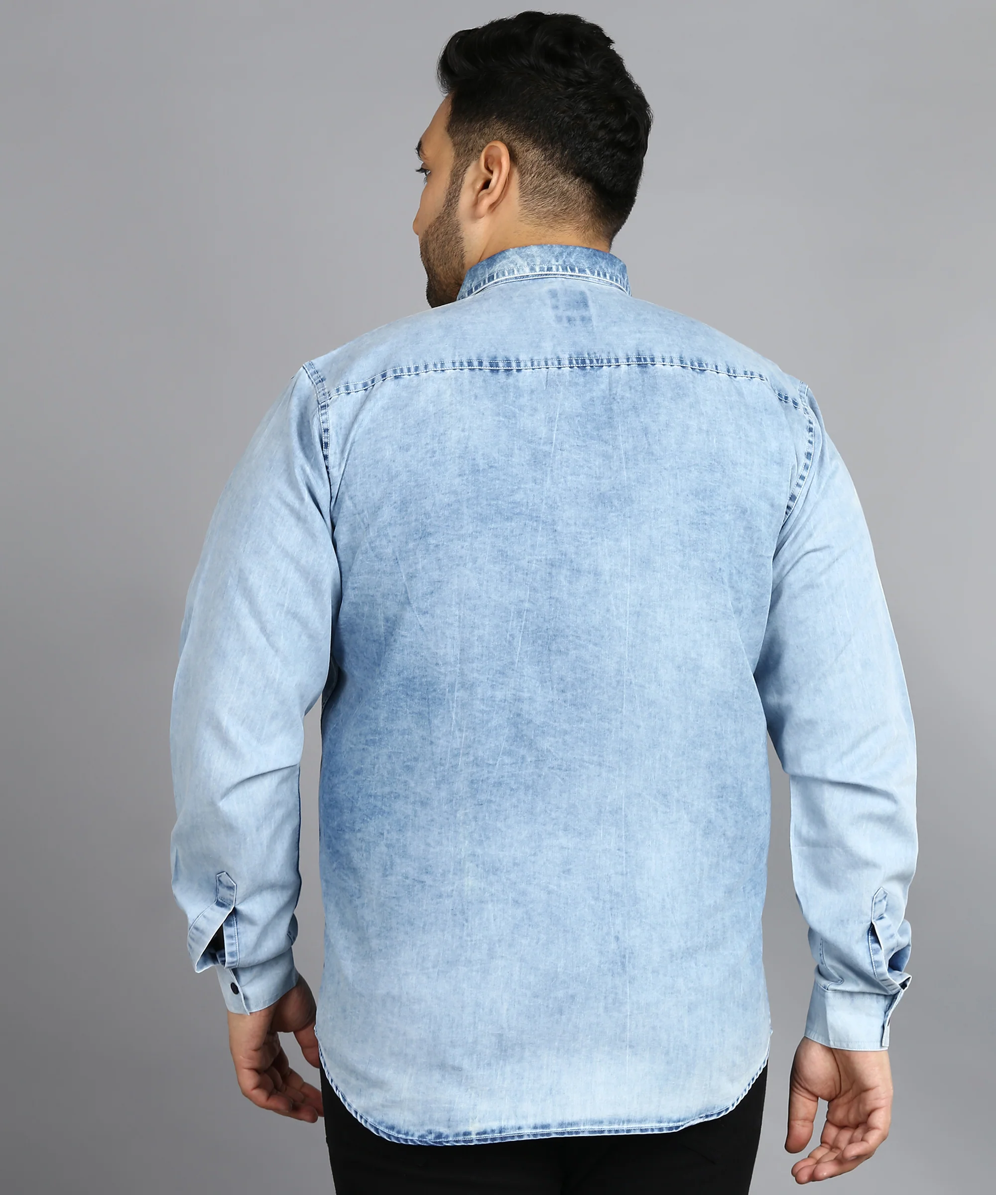 Plus Men's Ice Blue Denim Full Sleeve Regular Fit Washed Casual Shirt - Image 3