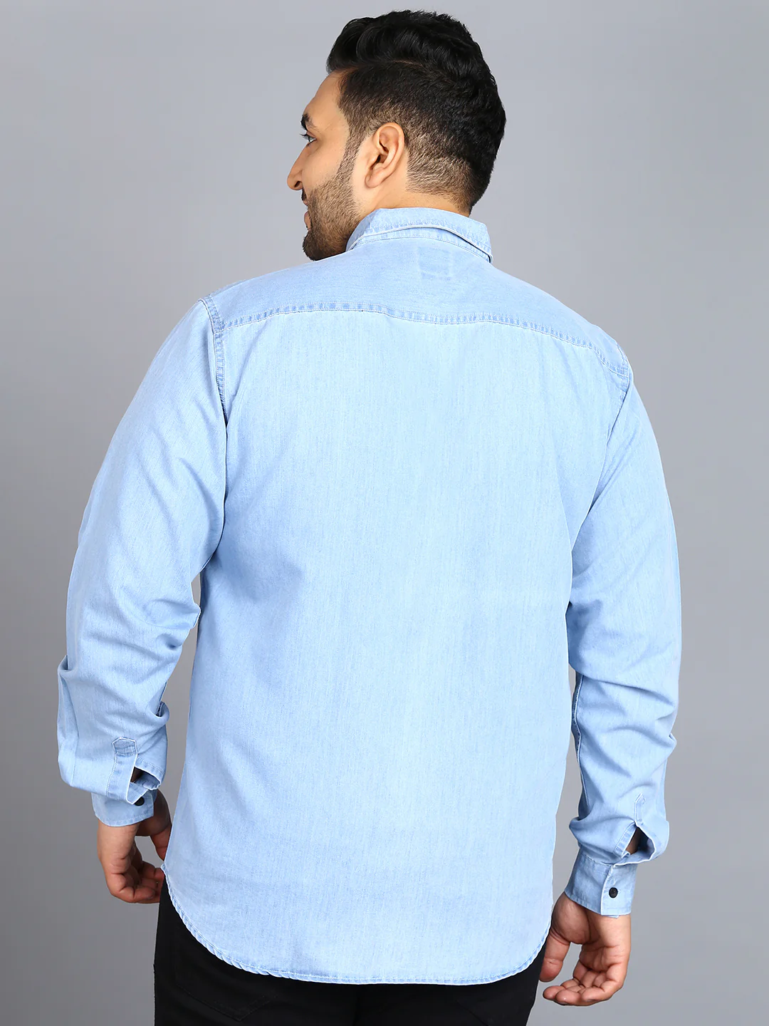 Plus Men's Ice Blue Denim Full Sleeve Regular Fit Washed Casual Shirt - Image 3