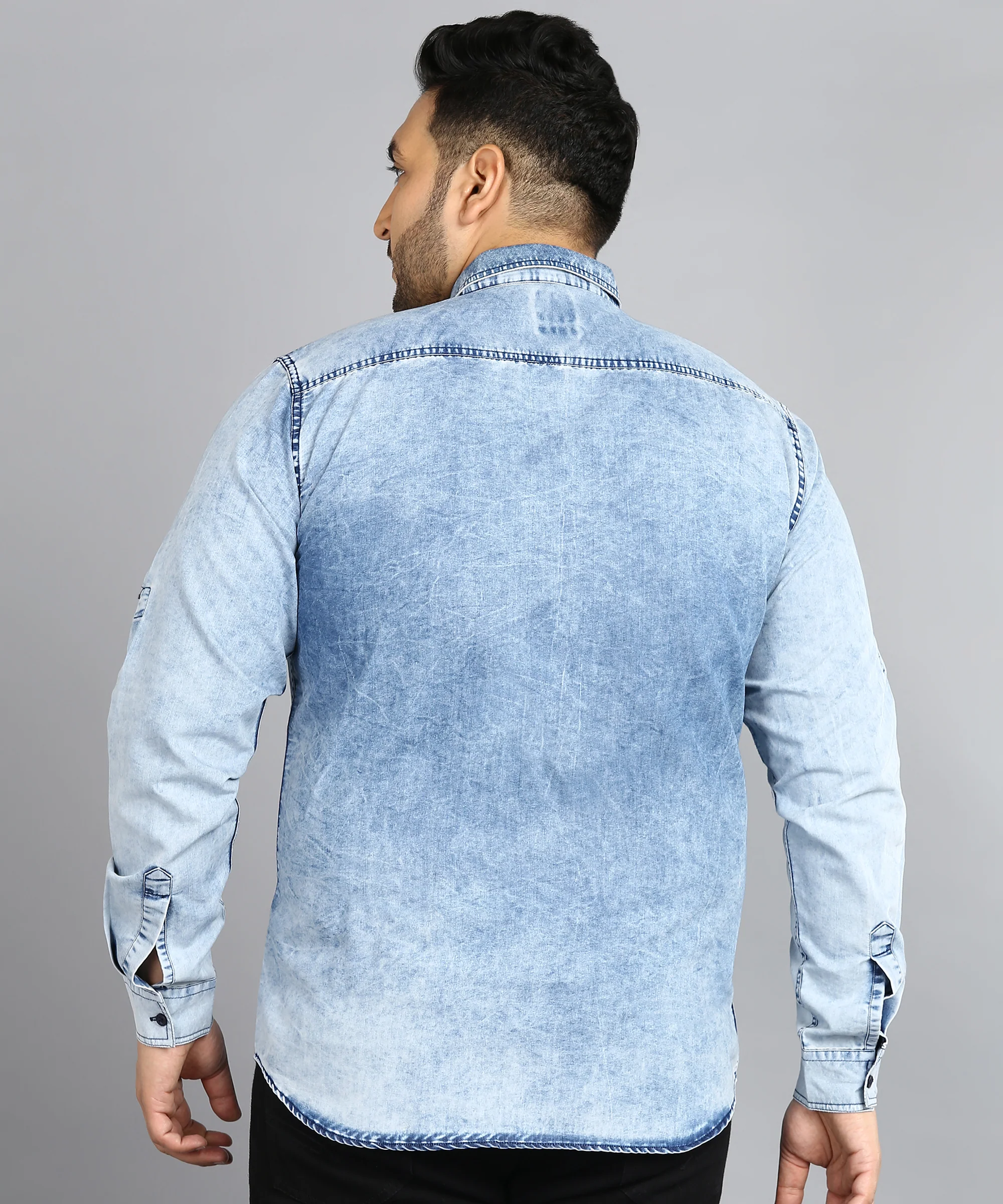 Plus Men's Ice Blue Denim Full Sleeve Regular Fit Washed Casual Shirt - Image 3