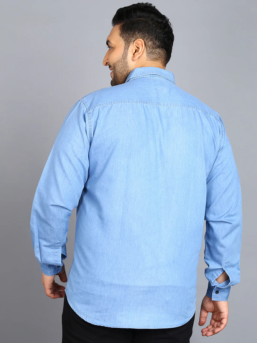 Plus Men's Ice Blue Denim Full Sleeve Regular Fit Washed Casual Shirt - Image 3
