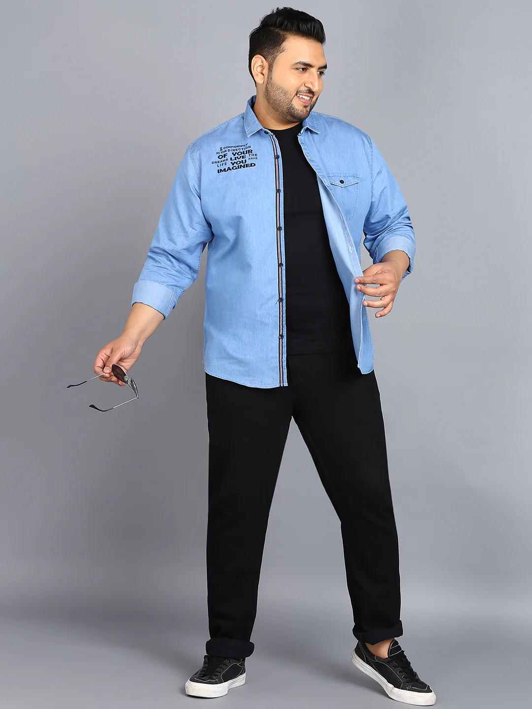 Plus Men's Ice Blue Denim Full Sleeve Regular Fit Washed Casual Shirt - Image 4