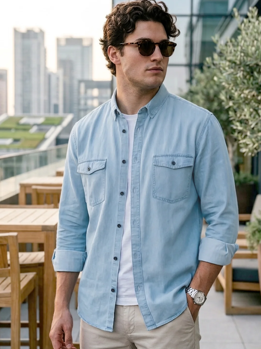 Plus Men's Ice Blue Full Sleeve Regular Fit Casual Denim Shirt