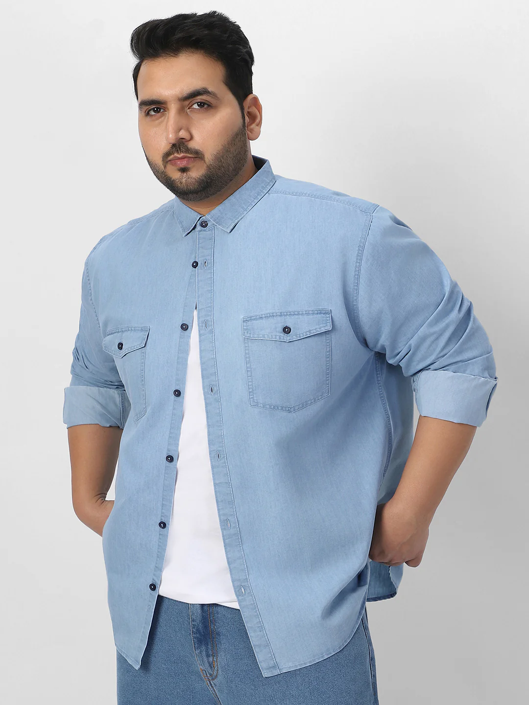 Plus Men's Ice Blue Full Sleeve Regular Fit Casual Denim Shirt - Image 2