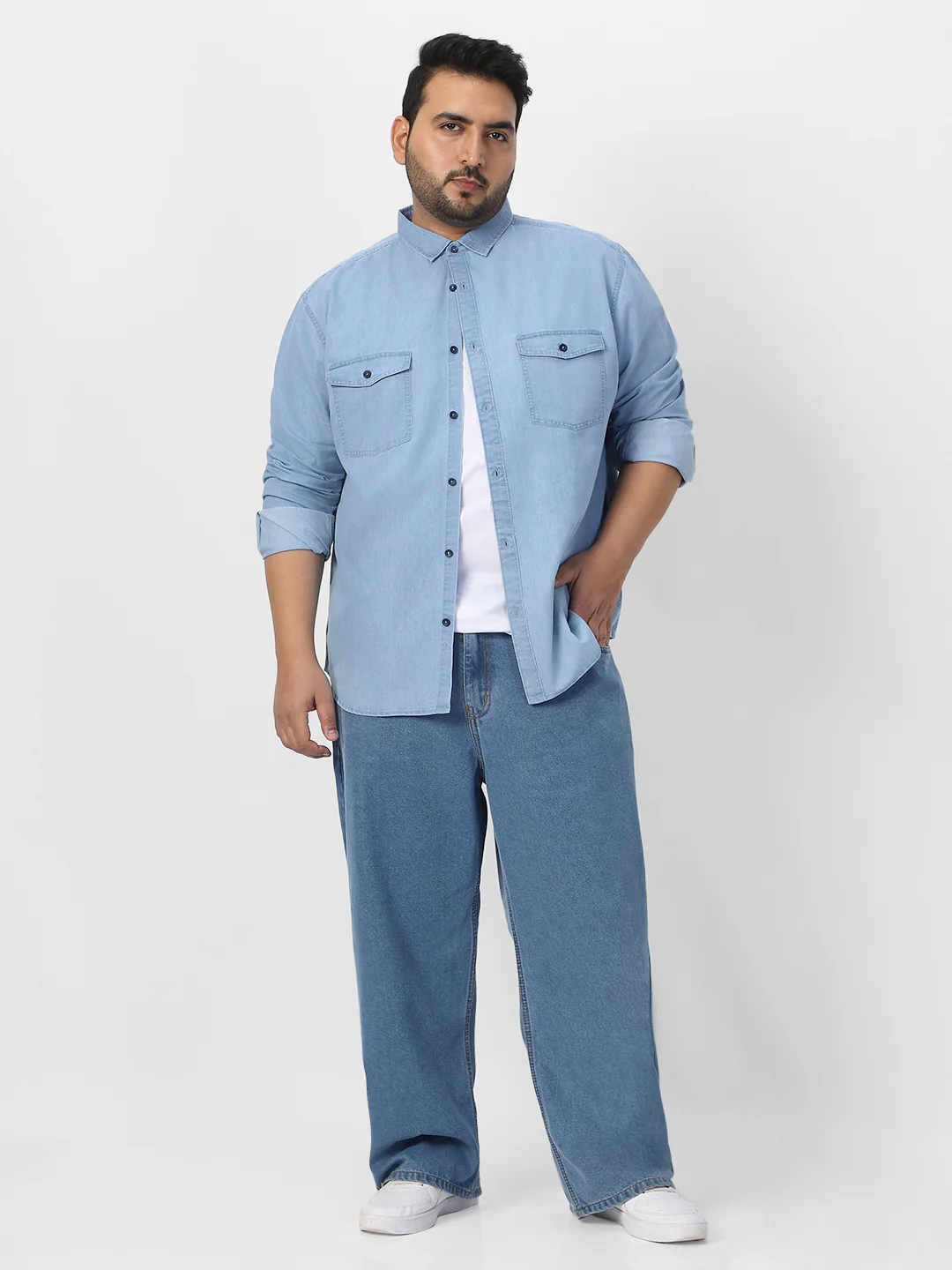 Plus Men's Ice Blue Full Sleeve Regular Fit Casual Denim Shirt - Image 5
