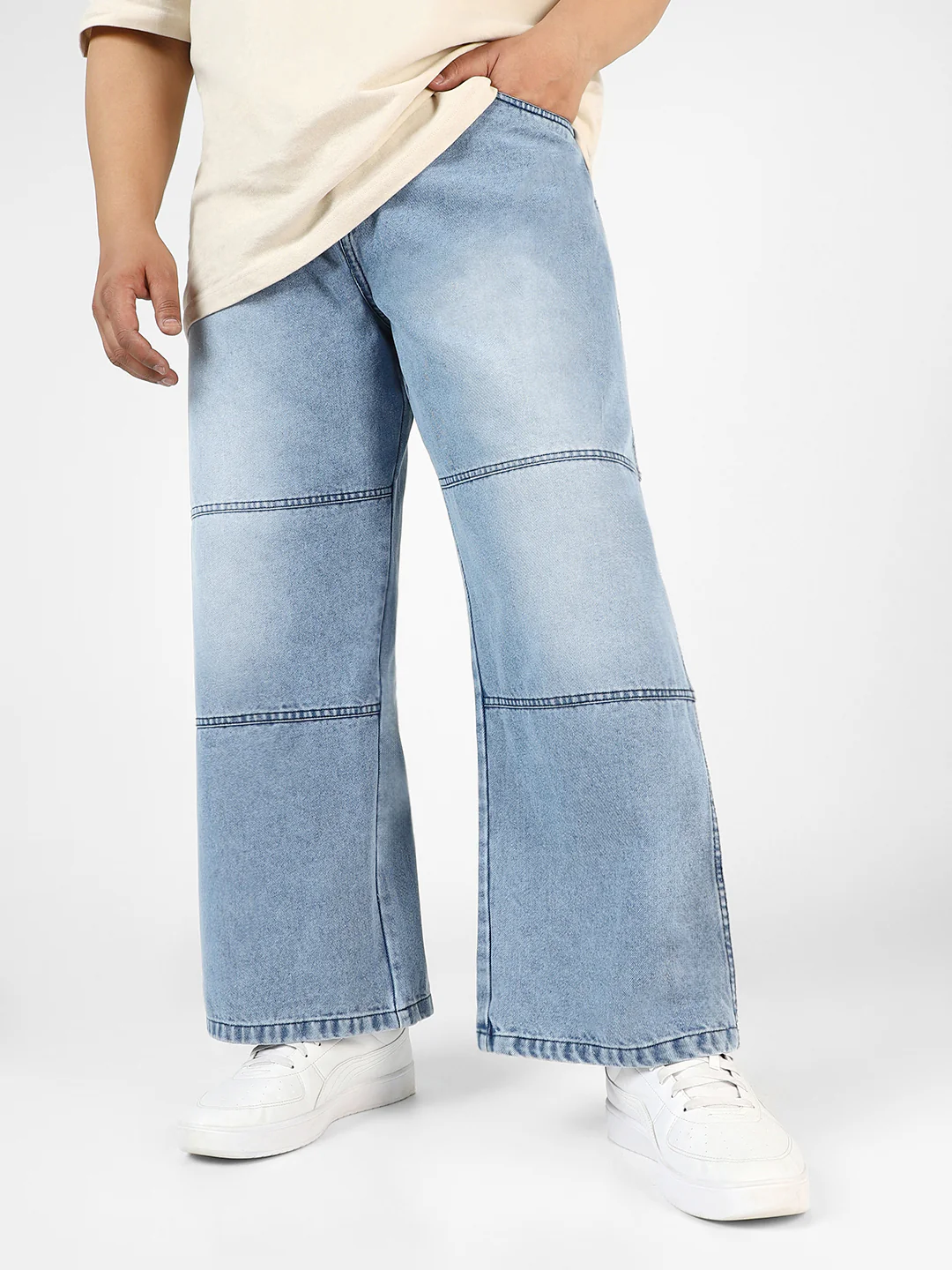 Plus Men's Ice Blue Loose Baggy Fit Cut and Sew Panelled Jeans Non-Stretchable - Image 2