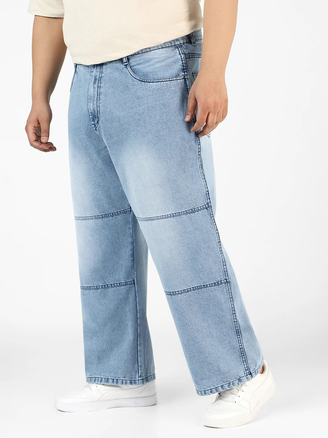 Plus Men's Ice Blue Loose Baggy Fit Cut and Sew Panelled Jeans Non-Stretchable - Image 3