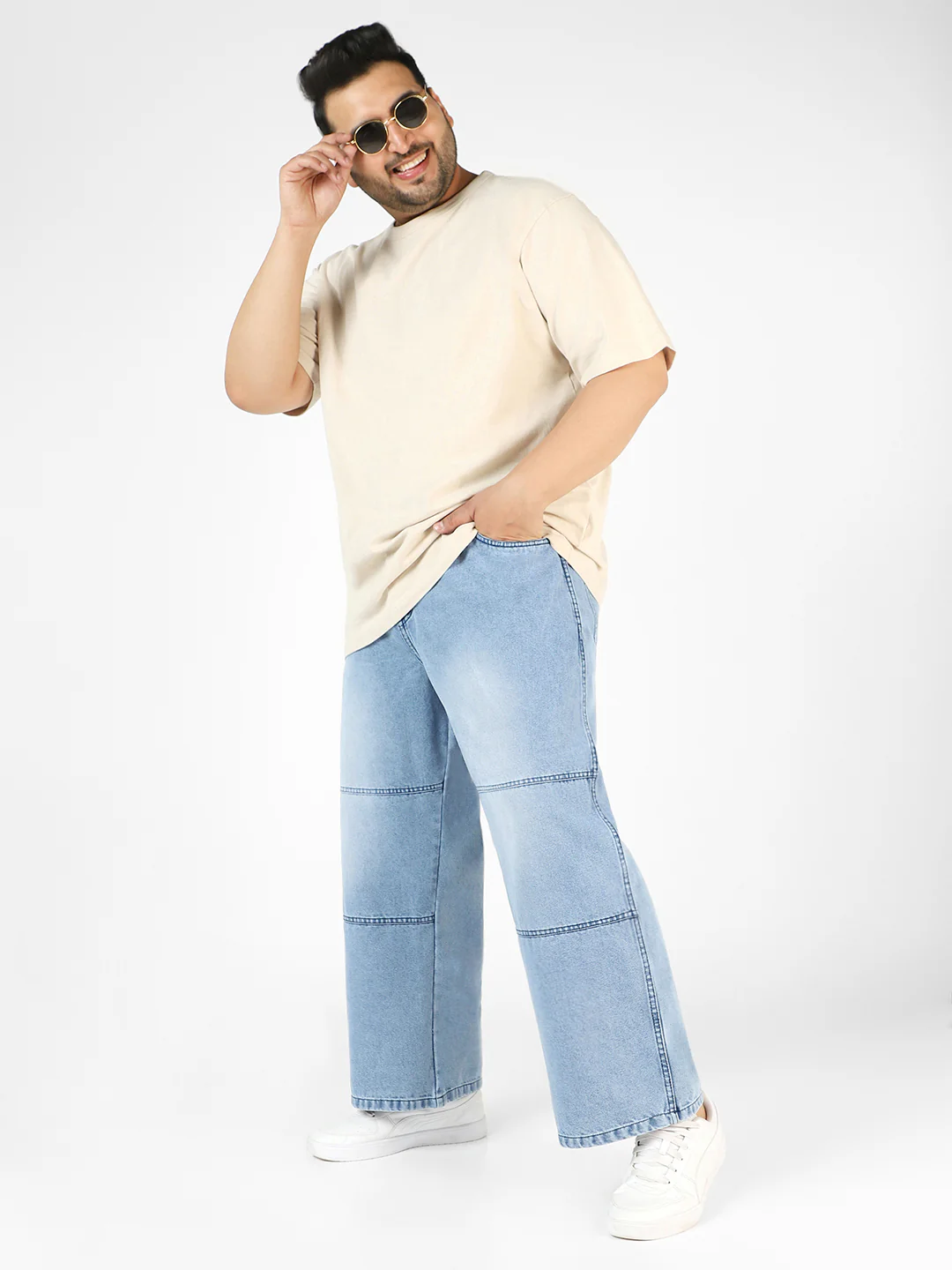 Plus Men's Ice Blue Loose Baggy Fit Cut and Sew Panelled Jeans Non-Stretchable - Image 5