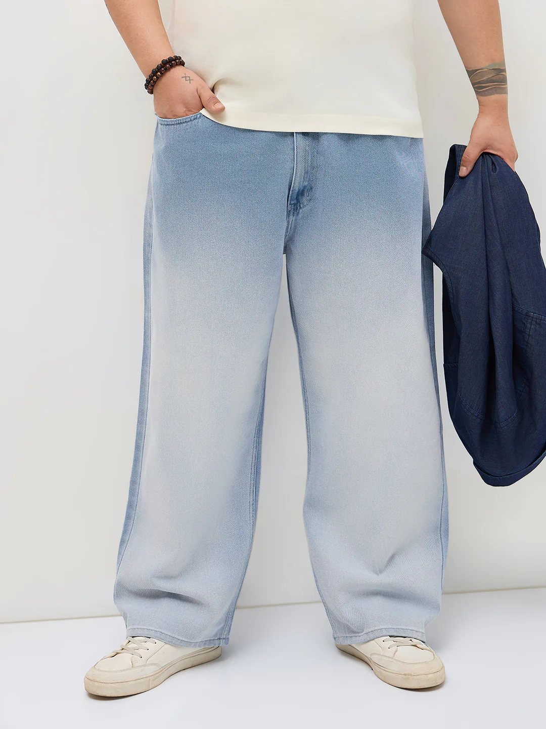 Plus Men's Ice Blue Loose Baggy Fit Heavy Washed Faded Denim Jeans Non-Stretchable