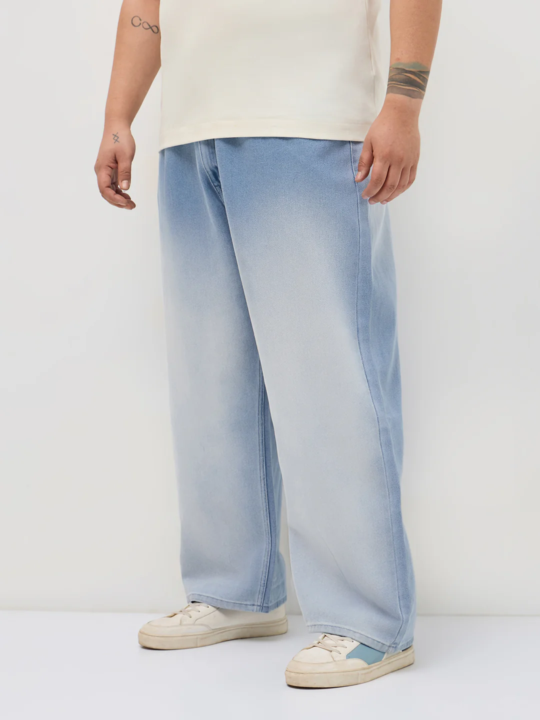 Plus Men's Ice Blue Loose Baggy Fit Heavy Washed Faded Denim Jeans Non-Stretchable - Image 2