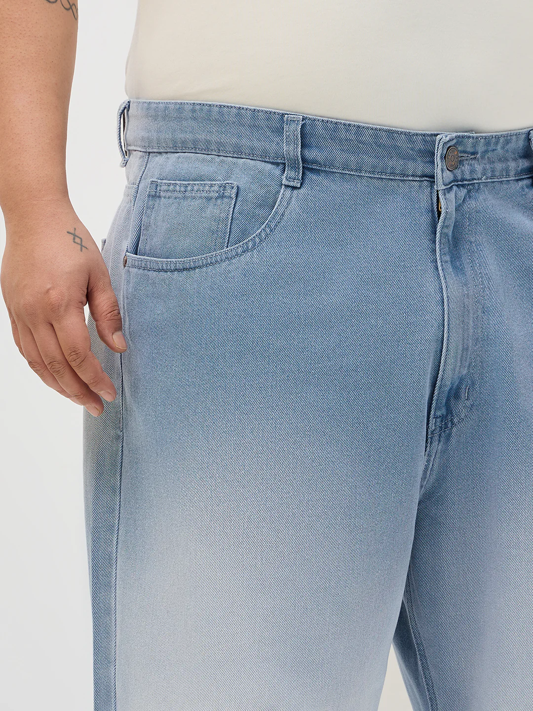 Plus Men's Ice Blue Loose Baggy Fit Heavy Washed Faded Denim Jeans Non-Stretchable - Image 5