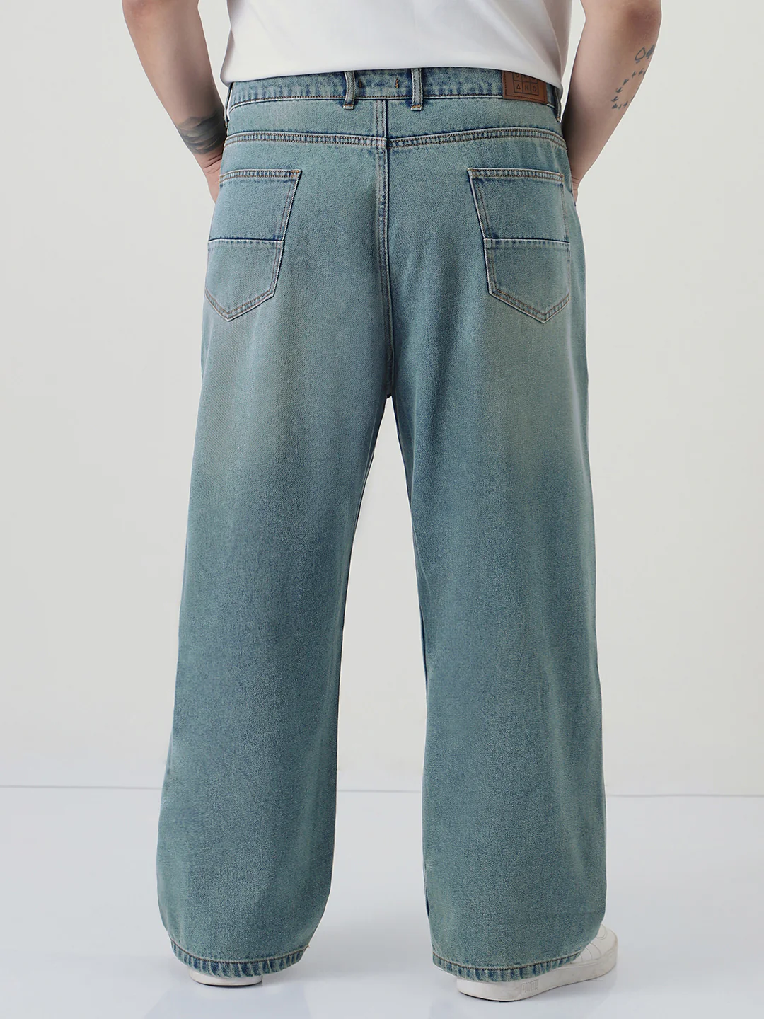 Plus Men's Ice Blue Loose Baggy Fit Heavy Washed Jeans Non-Stretchable - Image 3