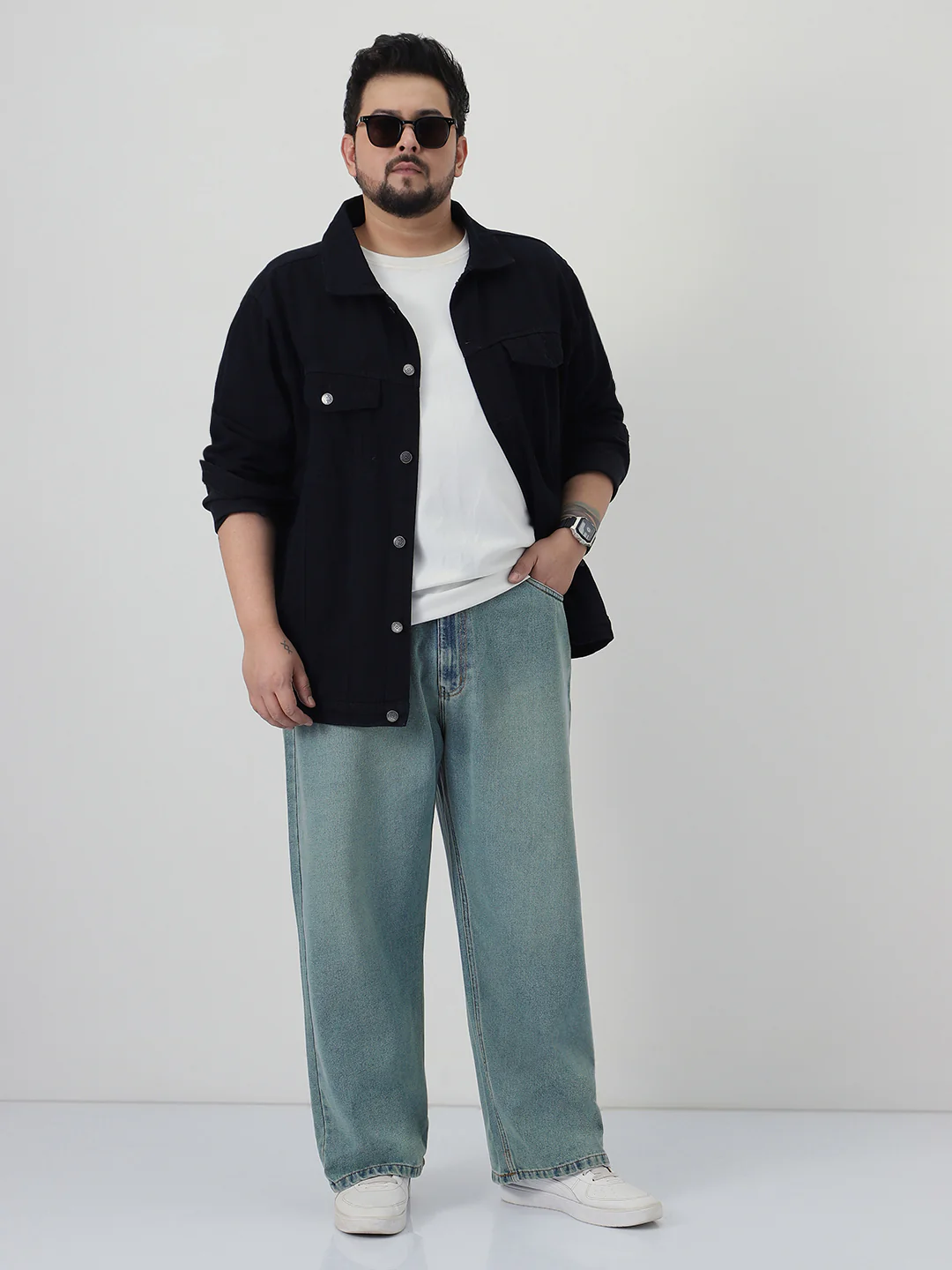 Plus Men's Ice Blue Loose Baggy Fit Heavy Washed Jeans Non-Stretchable - Image 4