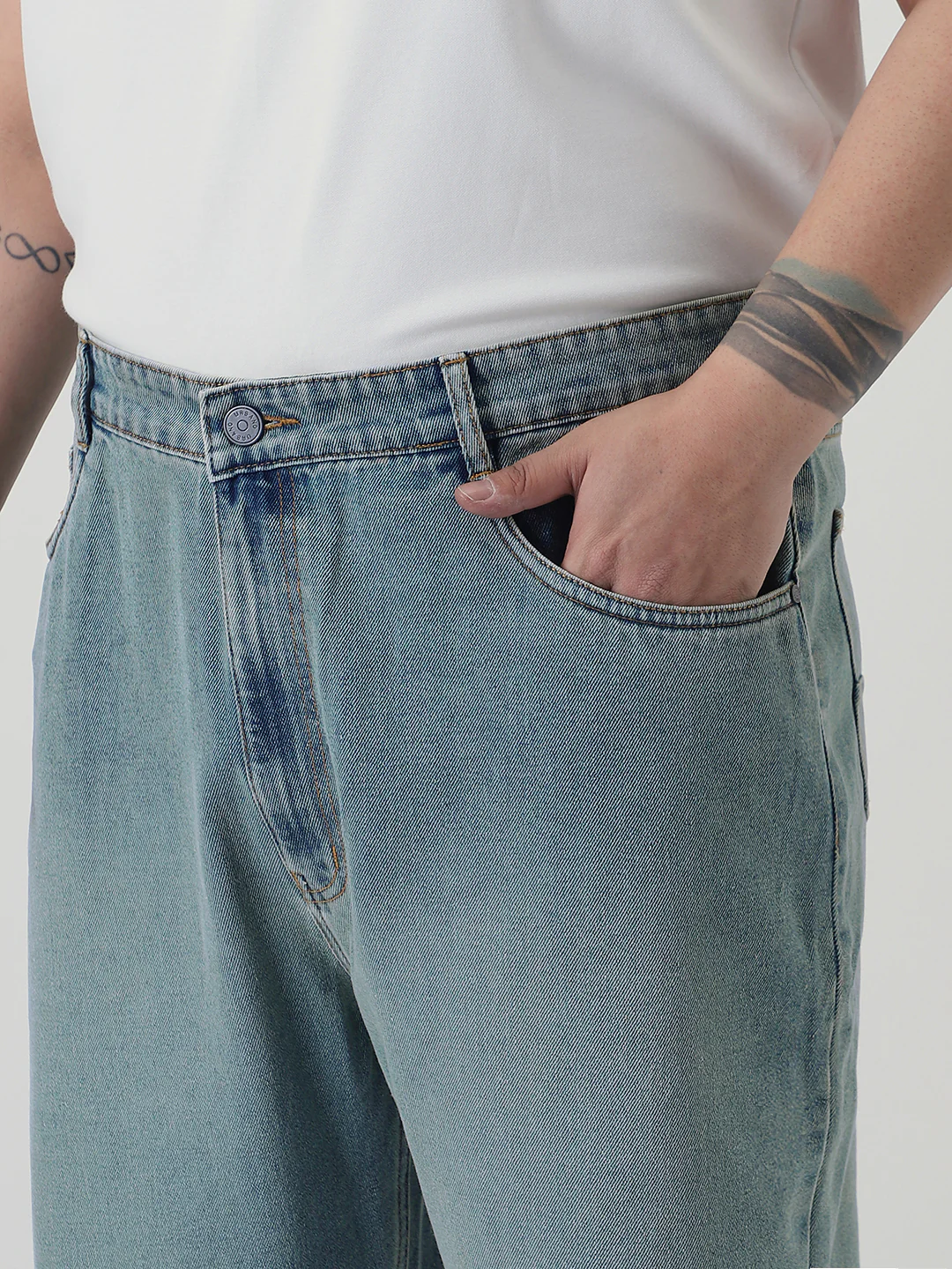 Plus Men's Ice Blue Loose Baggy Fit Heavy Washed Jeans Non-Stretchable - Image 5
