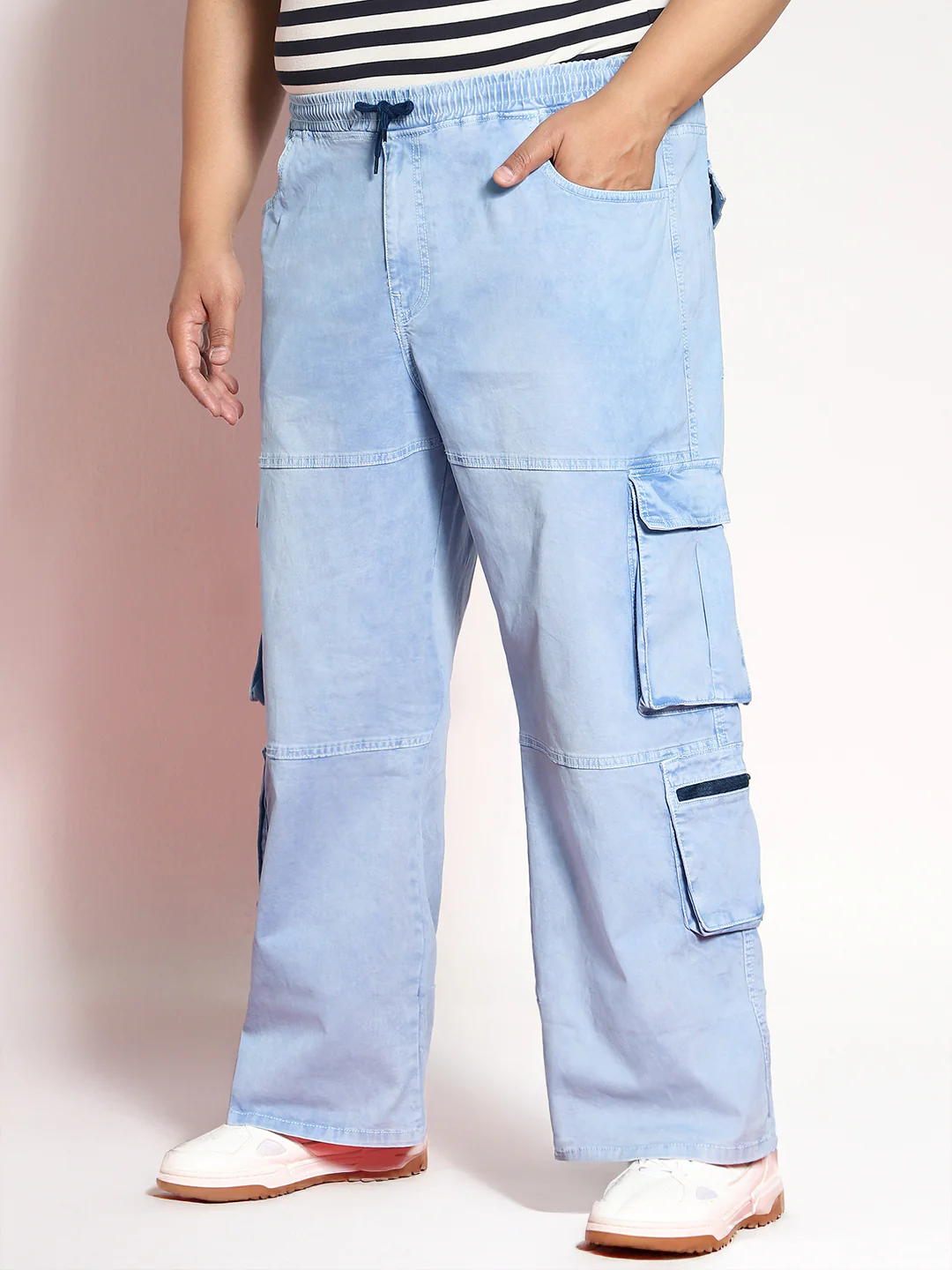 Plus Men's Ice Blue Loose Baggy Fit Travel Cargo Jeans With 8 Pockets Stretchable - Image 2