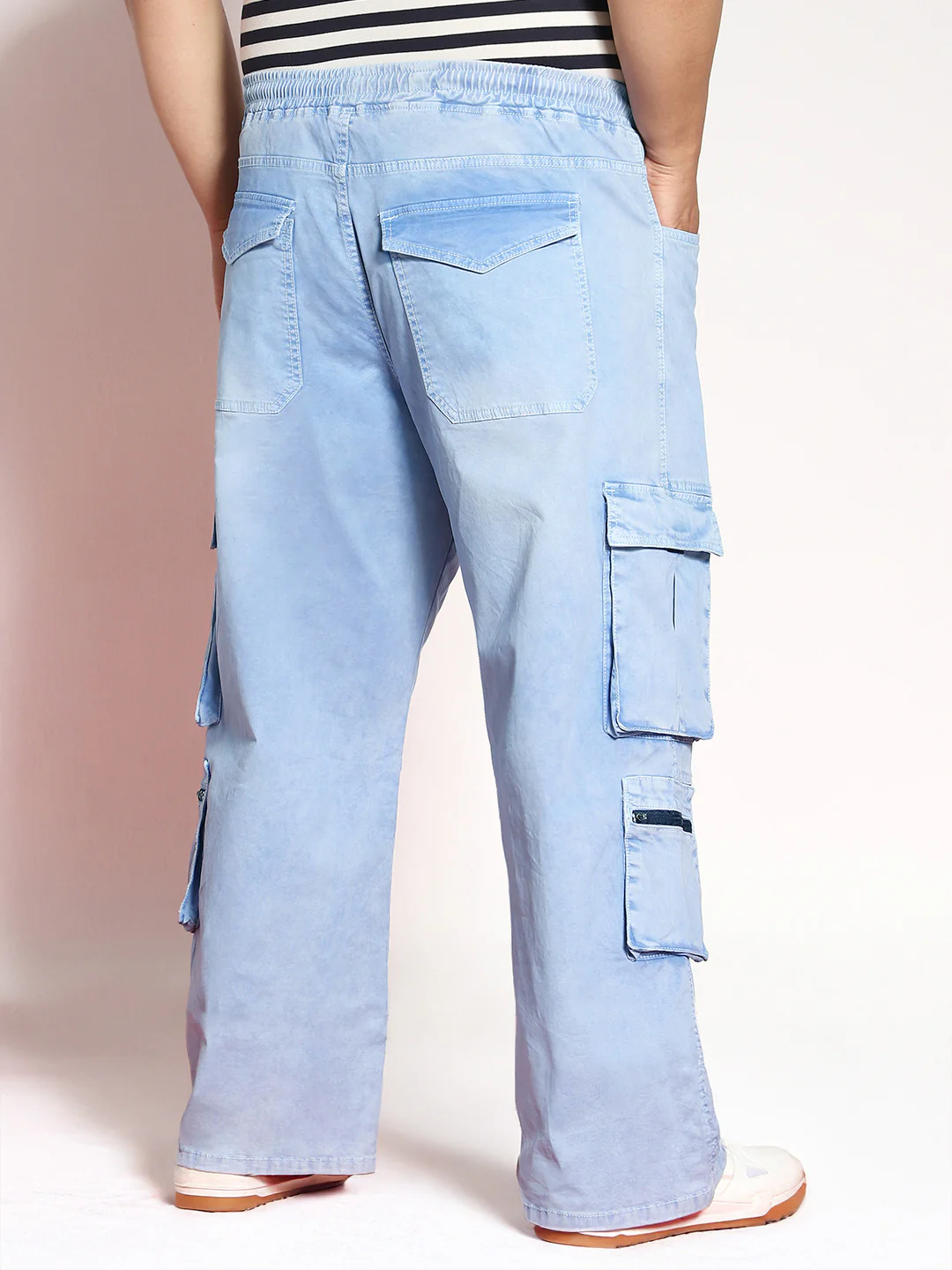 Plus Men's Ice Blue Loose Baggy Fit Travel Cargo Jeans With 8 Pockets Stretchable - Image 3