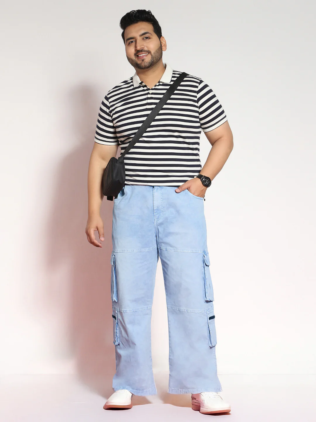 Plus Men's Ice Blue Loose Baggy Fit Travel Cargo Jeans With 8 Pockets Stretchable - Image 4