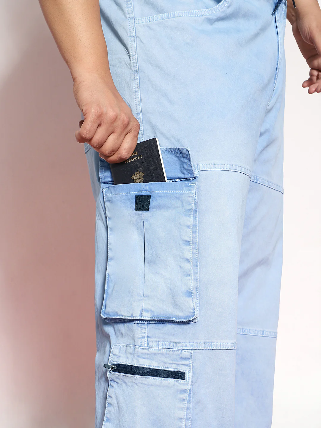 Plus Men's Ice Blue Loose Baggy Fit Travel Cargo Jeans With 8 Pockets Stretchable - Image 5