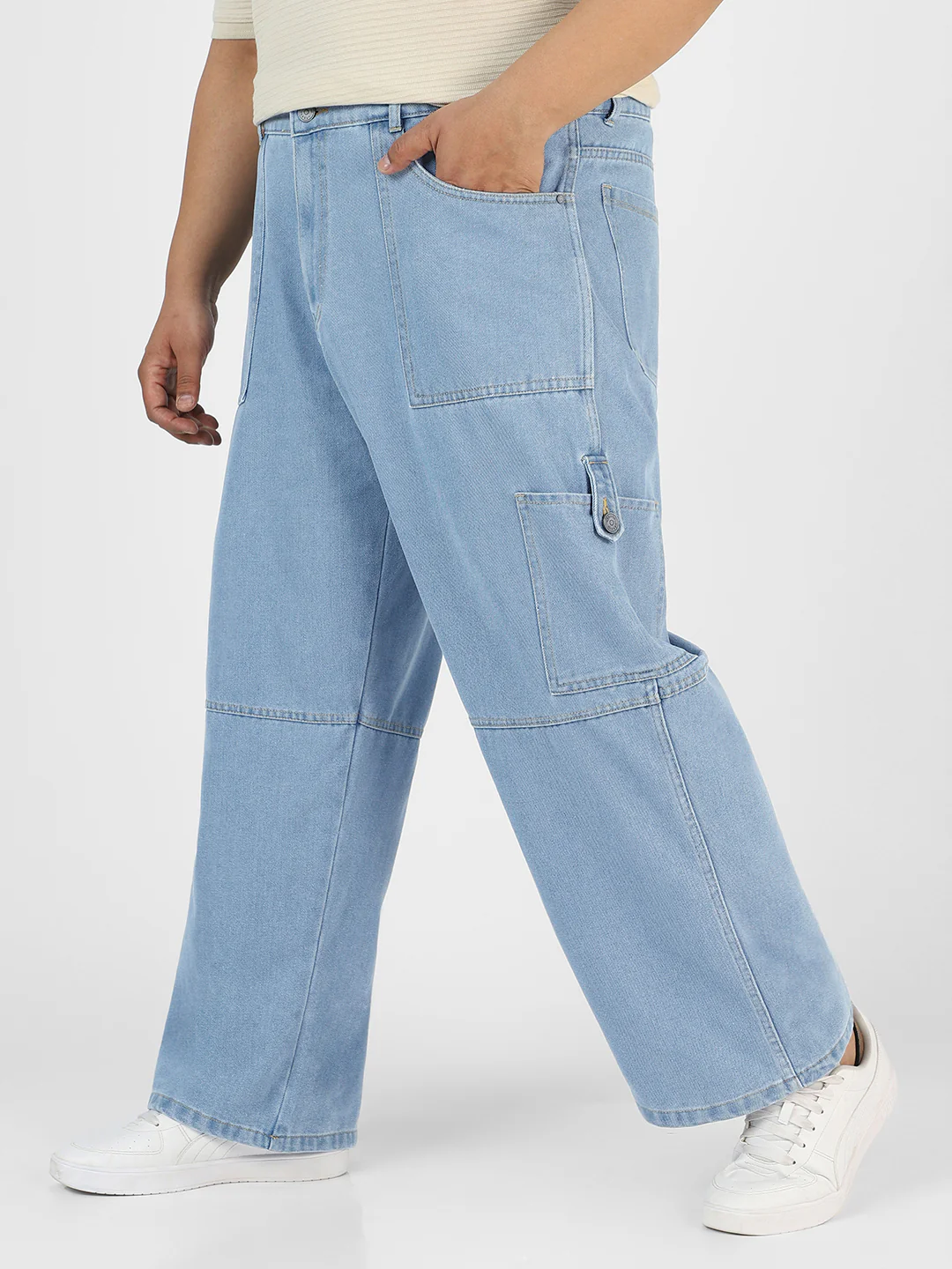 Plus Men's Ice Blue Loose Baggy Fit Washed Cargo Jeans with 6 Pockets Non-Stretchable - Image 2