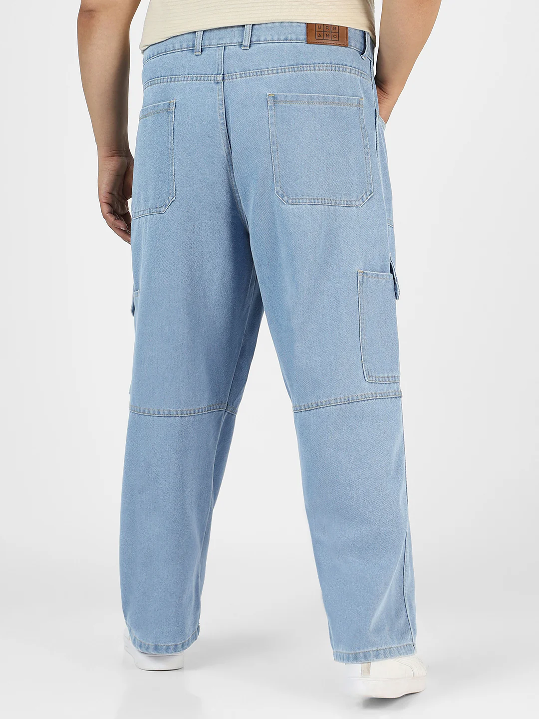 Plus Men's Ice Blue Loose Baggy Fit Washed Cargo Jeans with 6 Pockets Non-Stretchable - Image 3
