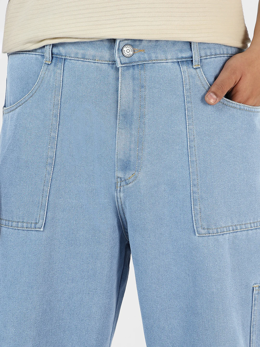 Plus Men's Ice Blue Loose Baggy Fit Washed Cargo Jeans with 6 Pockets Non-Stretchable - Image 5