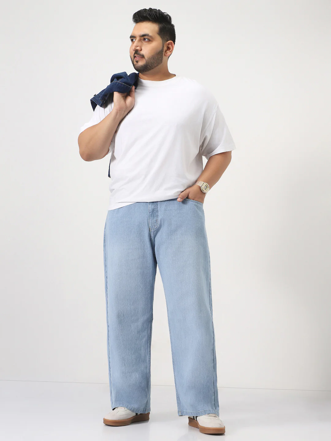 Plus Men's Ice Blue Loose Baggy Fit Washed Denim Jeans Non-Stretchable - Image 4