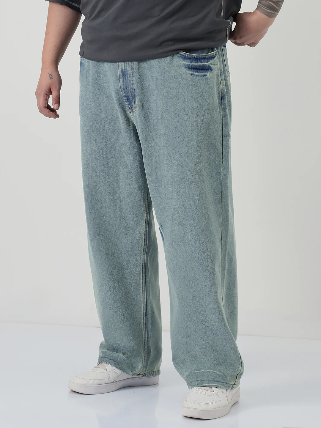 Plus Men's Ice Blue Loose Baggy Fit Washed Jeans Non-Stretchable - Image 2