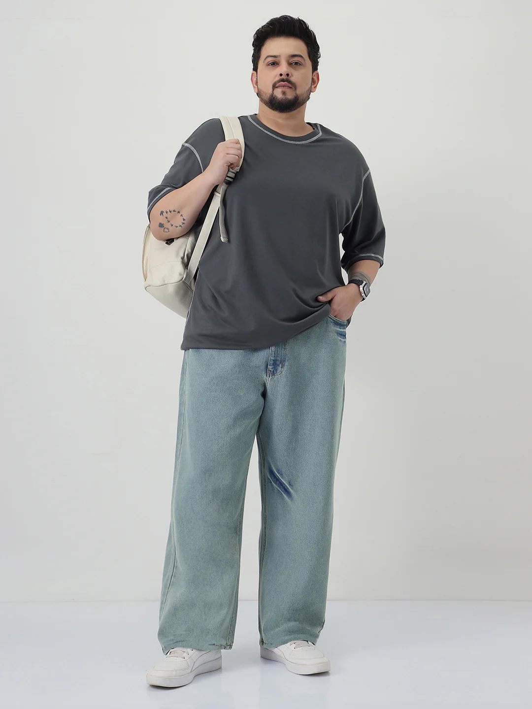 Plus Men's Ice Blue Loose Baggy Fit Washed Jeans Non-Stretchable - Image 4