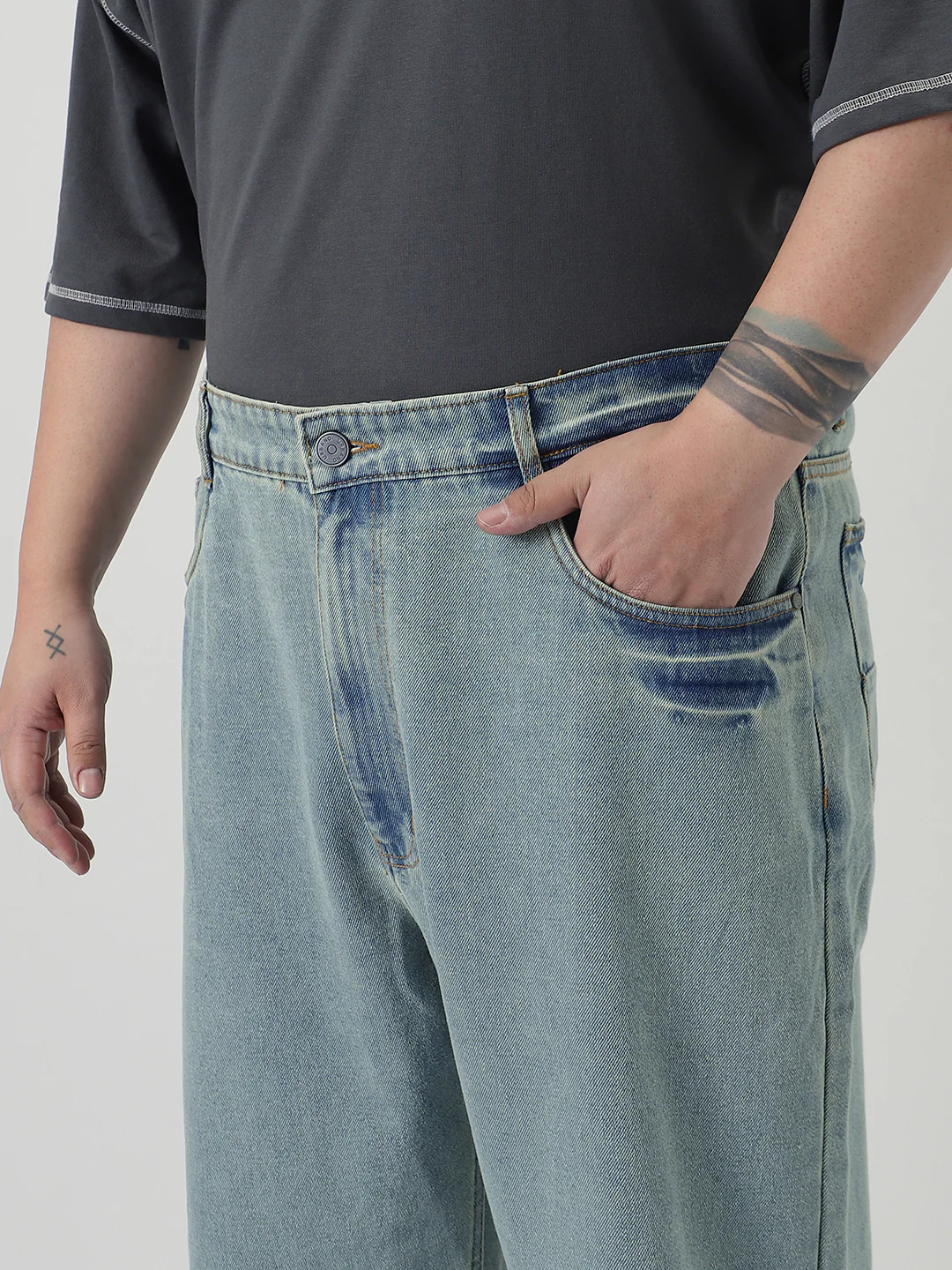 Plus Men's Ice Blue Loose Baggy Fit Washed Jeans Non-Stretchable - Image 5