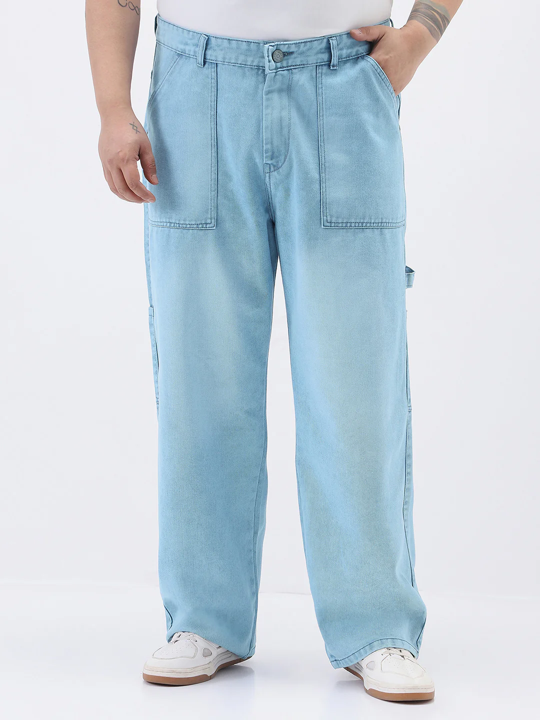 Plus Men's Ice Blue Loose Fit Cargo Carpenter Jeans With 6 Pockets Non-Stretchable
