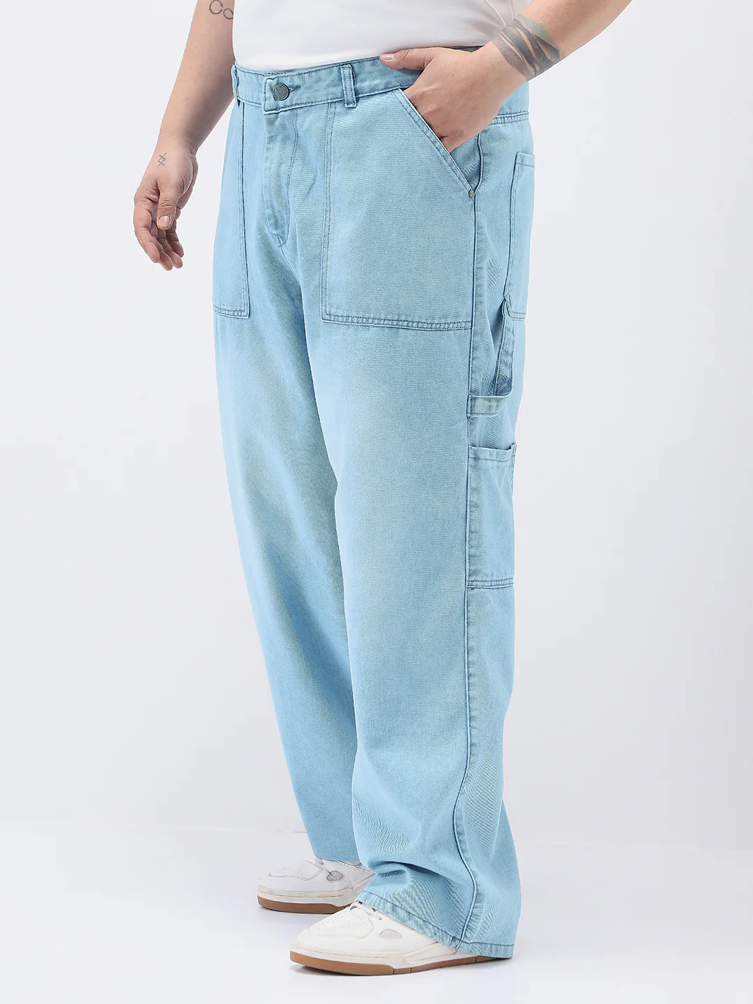 Plus Men's Ice Blue Loose Fit Cargo Carpenter Jeans With 6 Pockets Non-Stretchable - Image 2