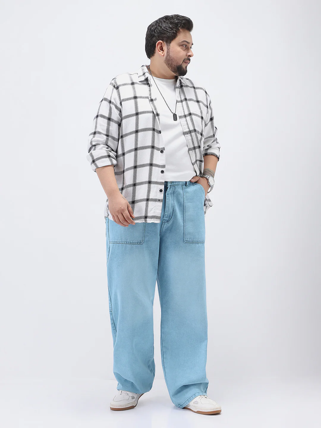 Plus Men's Ice Blue Loose Fit Cargo Carpenter Jeans With 6 Pockets Non-Stretchable - Image 4
