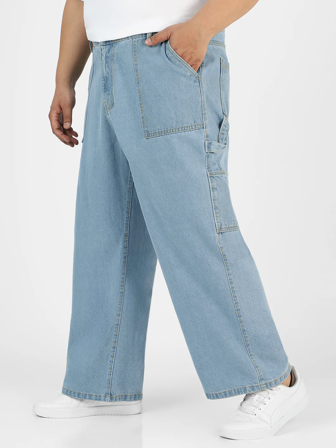 Plus Men's Ice Blue Loose Fit Cargo Carpenter Jeans With 6 Pockets Non-Stretchable - Image 2