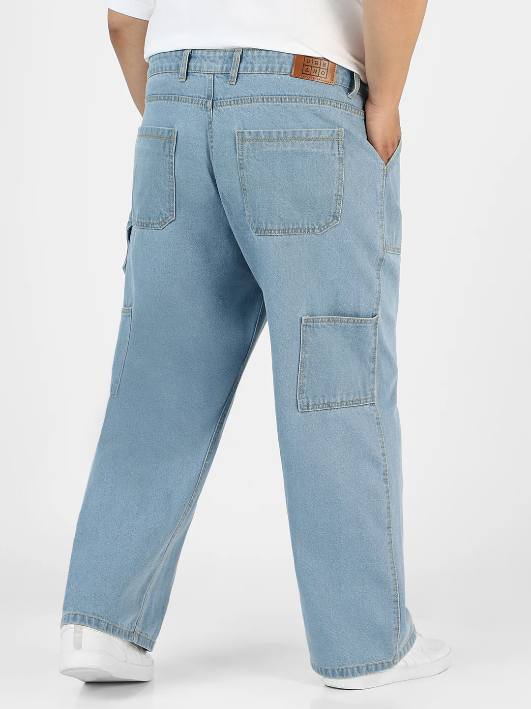 Plus Men's Ice Blue Loose Fit Cargo Carpenter Jeans With 6 Pockets Non-Stretchable - Image 3