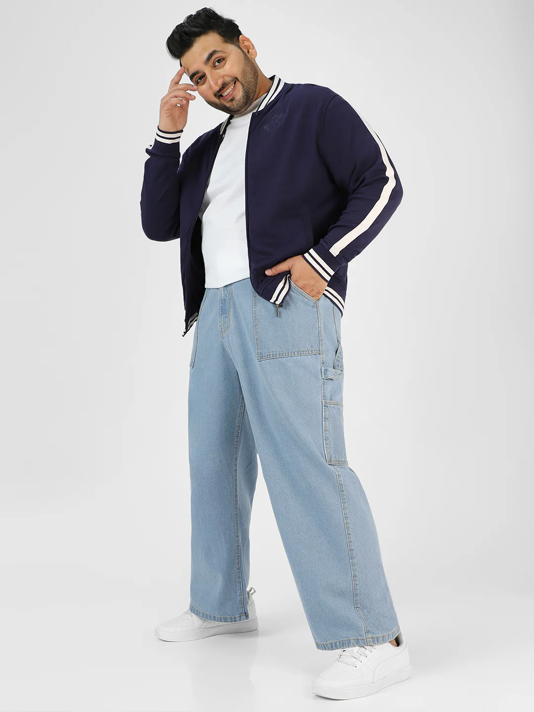 Plus Men's Ice Blue Loose Fit Cargo Carpenter Jeans With 6 Pockets Non-Stretchable - Image 4